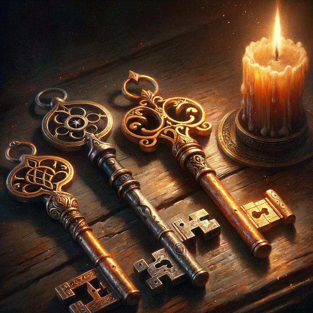Three ornate antique keys in candlelight with glowing runes