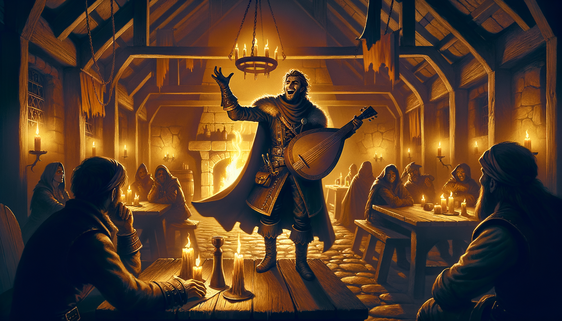 An energetic bard mid-performance in a firelit tavern, lyre in hand, listeners leaning in around wooden tables