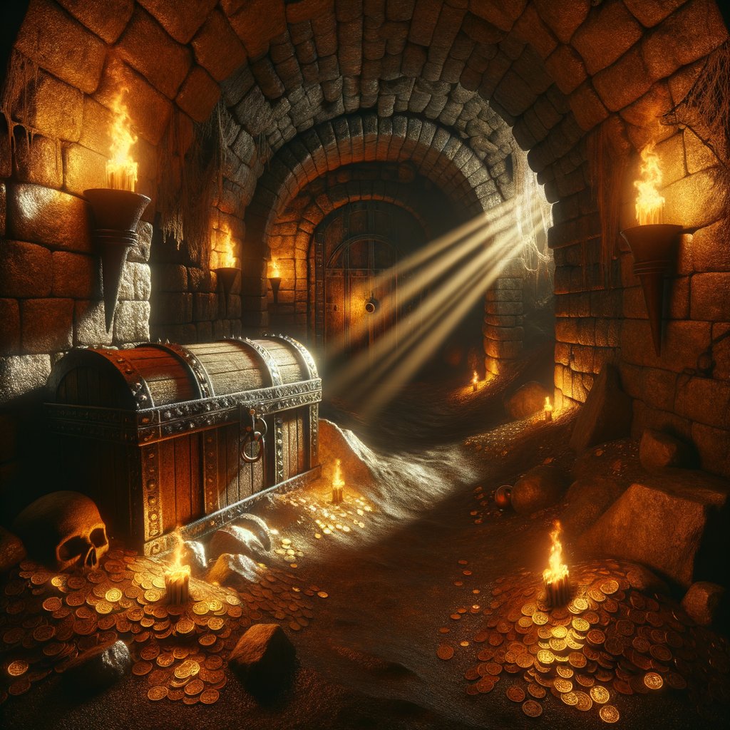 Torchlit stone chamber with treasure, skeleton fragments, shafts of light